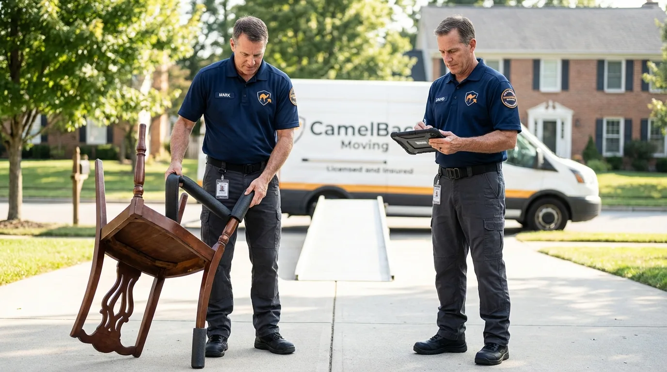 Movers inspecting furniture for damage prevention before loading in Vandiver, AL