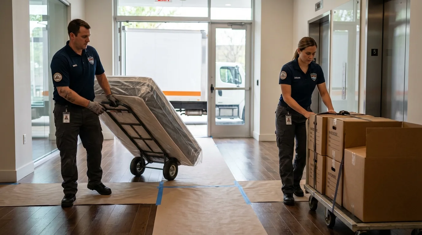 Professional apartment movers loading elevator in Vandiver, AL