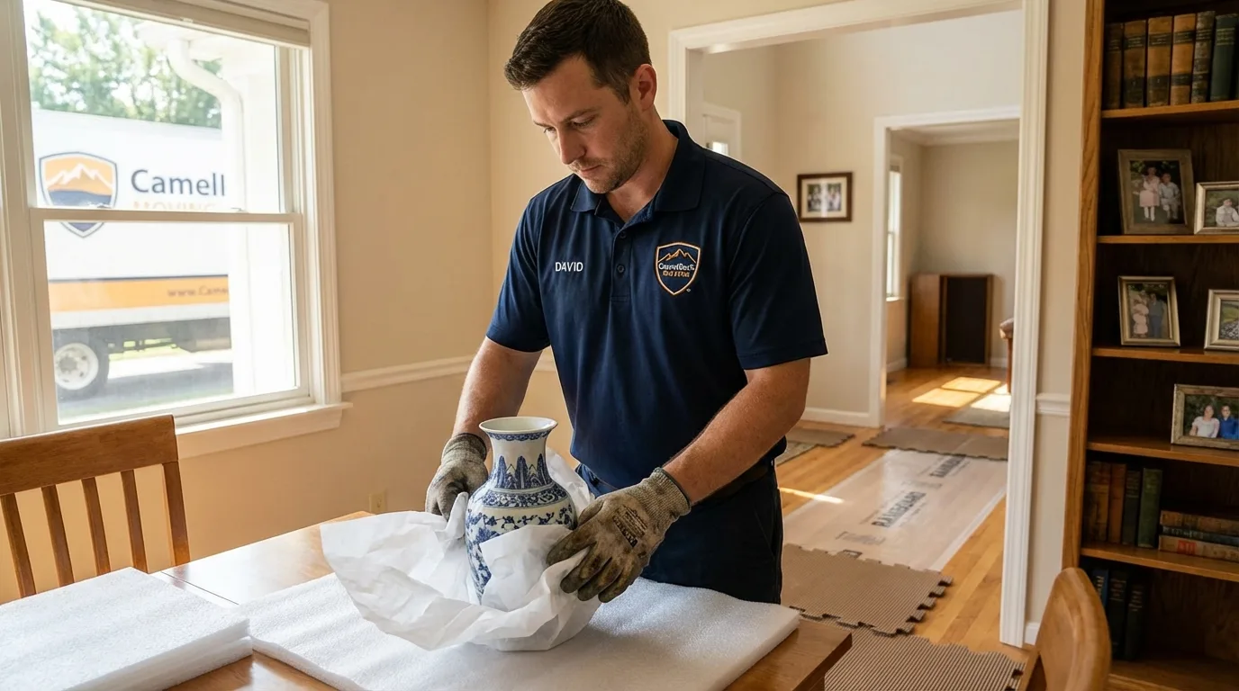 Professional crew carefully wrapping antique vase for senior downsizing move in Vandiver, AL
